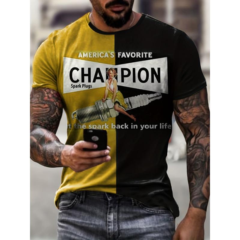 Sommar Rund Hals 3D Färgblock Champion Tryck Topp Trendig Casual Kortärmad Herr T-shirts