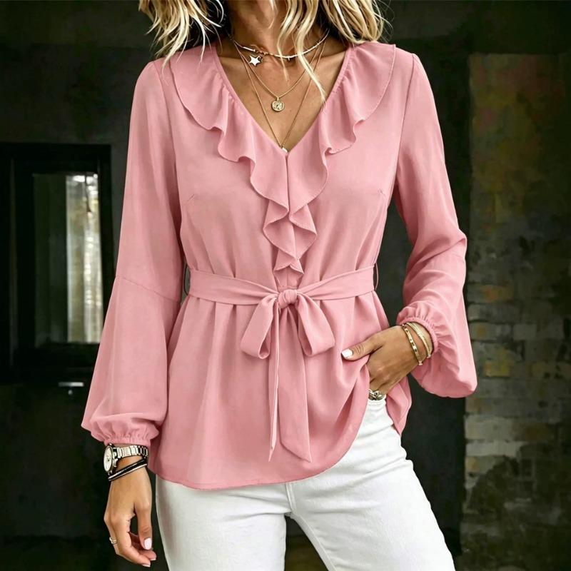 Women S V Neck Long Sleeve Lantern Shirt With Ruffle Tie Waist Solid Color Casual Blouse