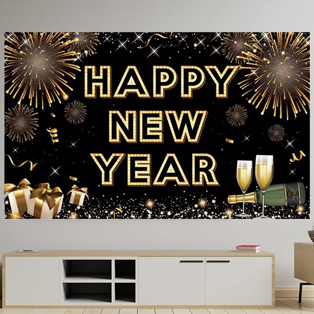 Happy New Year Banner for 2026 Party Decoration, Blackgold New Year Eve Banner Photo Backdrop Party Supplies (HAPPY NEW YEAR)