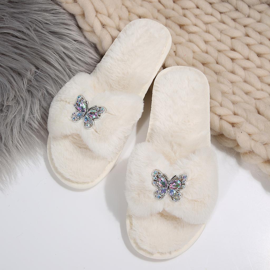 Fashion Elegant Crystal Butterfly Fur Slippers Women Warm Faux Fur House Cotton Slippers Woman Autumn Winter Open Toe Flats Slides Mujer