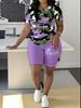 1116 new casual sports style digital printing shoulder sleeve T-shirt high waist tight shorts fashion suit women