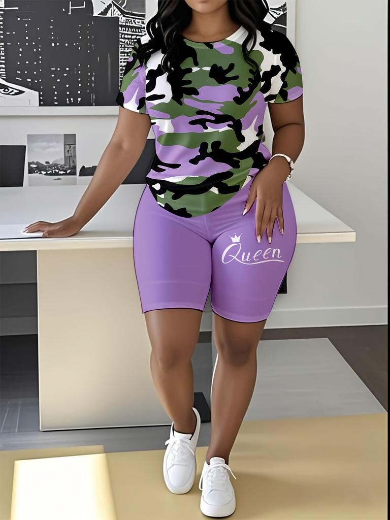 1116 new casual sports style digital printing shoulder sleeve T-shirt high waist tight shorts fashion suit women