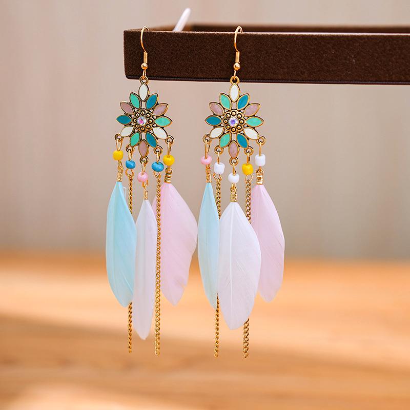 Bohemian Long Sun Flower Feather Earrings for Women Trendy Ethnic Retro Gold Color Chain Tassel Earring Wedding Vacation Jewelry