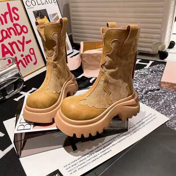 Martin boots women's ins super fire big head cowboy splicing tooling big yellow boots locomotive boots small 7cm thin women's shoes