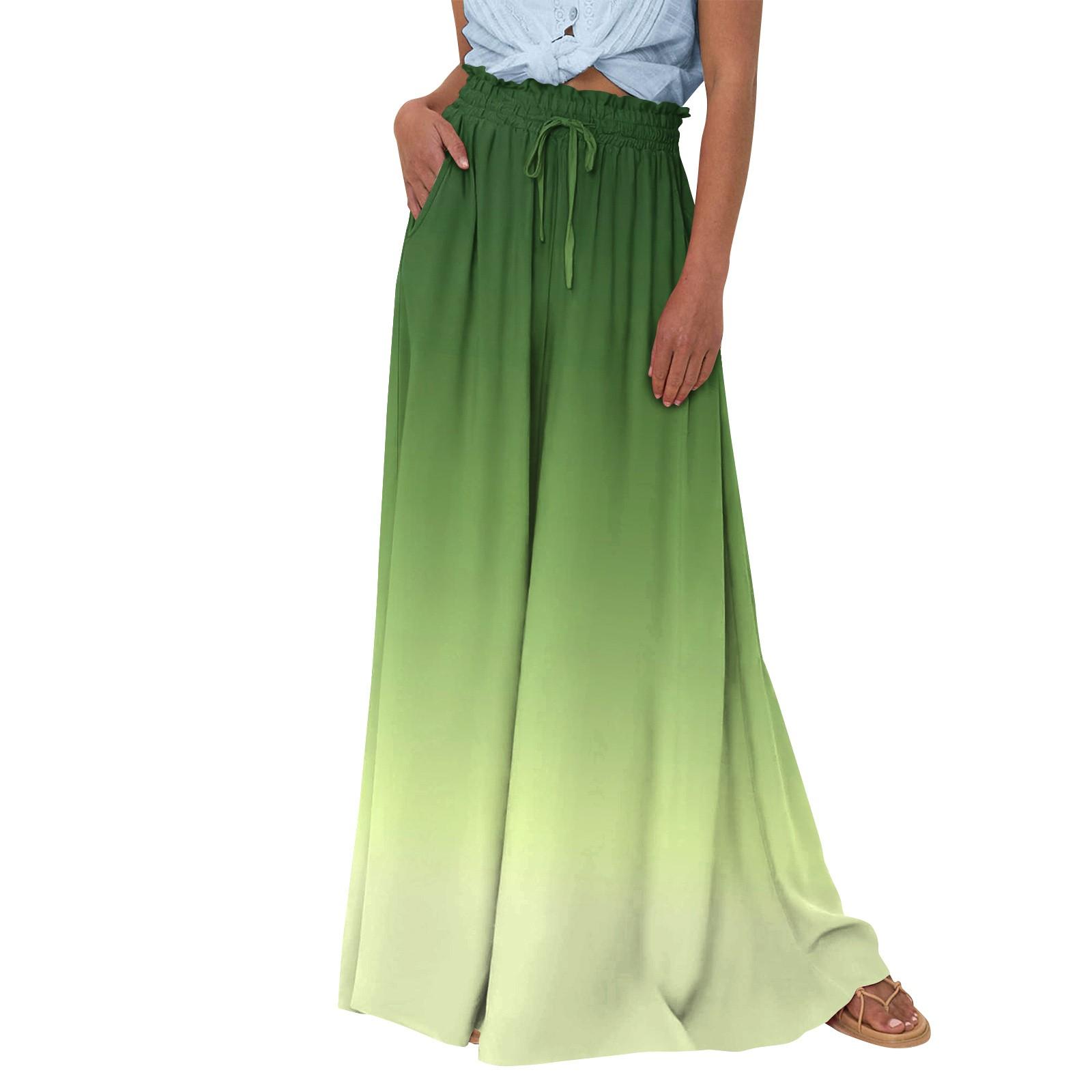 

Женские широкие брюки с высокой талией, летние повседневные струящиеся брюки-палаццо, пляжные брюки с принтом и карманом XXL зелёный