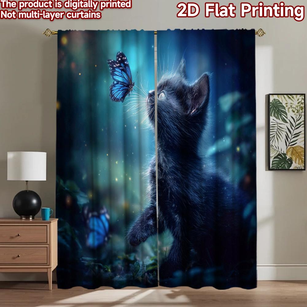 2D Flachdruck 2 Stück Fenstergardinen Schwarze Katze Blaue Schmetterlinge Fantasy Digital Gedruckte Polyester Vorhänge Festlicher Feiertag Perfekt
