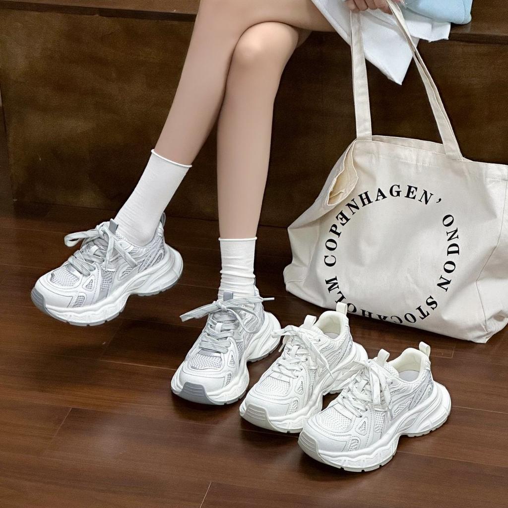 Platform Dad Shoes Women's 2025 Spring New Women's Mesh Breathable Women's Shoes Silver Heightening Casual Sports Shoes
