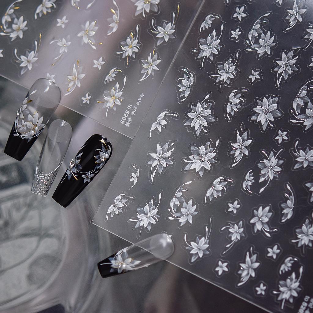 Elegant Black White Floral Nail Sticker Semi-Transparent Blooming Flowers Gold Foil Petal Stunning Botanical Chic Nail Art Decal