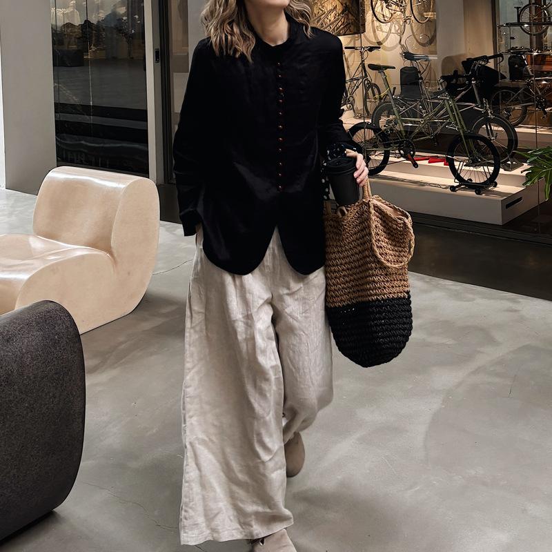 Spring Autumn Women Solid Long Sleeve Stand Collar Loose Shirt Vintage Single Breasted Cotton Linen Casual Blouse Tops