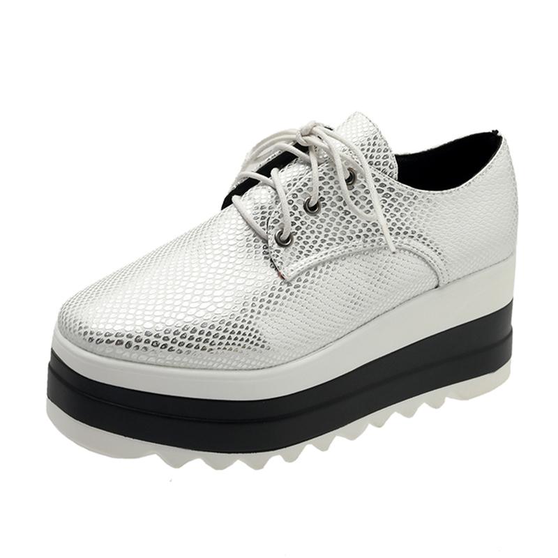 Silver Pu Leather Women Brogues Shoes Plus Size Suqare Toe Platform Flat Shoes Woman Lace Up Height Increasing Casual Shoes 43