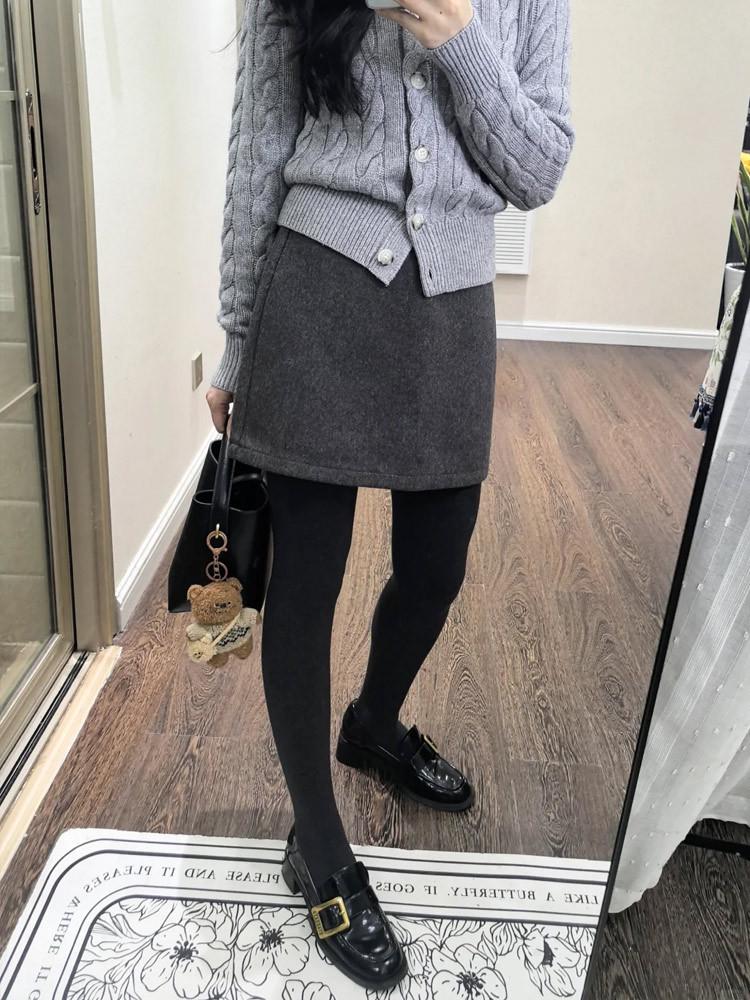 Grauer Halb-A-Linien-Rock aus Wollmischung: Damen Herbst/Winter High-Waist Schlankmachender Hüftbetonter Kurzer Rock