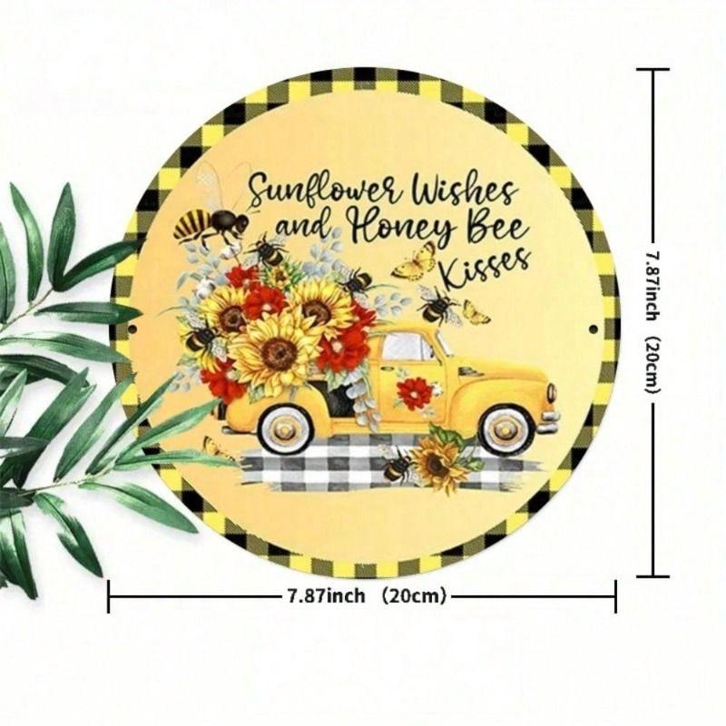 Sunflower and Bee Round Metal Sign 20cm Outdoor Garden Wall Decor