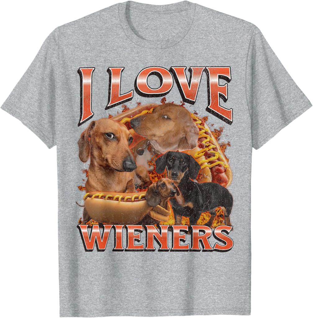 I Love Wieners Dachshund Dog Hot Dog Graphic Tee Funny Casual Cotton Short Sleeve T-Shirt Pets Owner Walking Outdoor