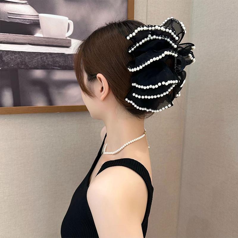 

{YY28} Элегантный Шифоновый Зажим-Клешня для Волос с Жемчугом Ретро Двусторонний Бант Зажим-Клешня для Волос Модный Пузырчатый Девочка Женские Аксессуары для Волос чёрный