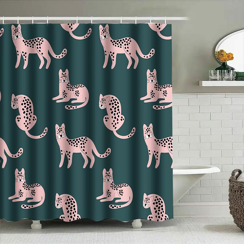 Pink Leopard Print Shower Curtain Set for Bathroom Decor Modern Green Background with Black Spots Cat Design Pattern Cover with