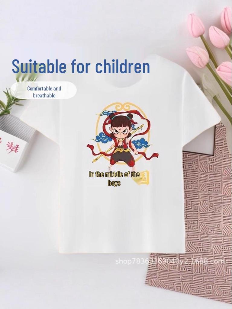 Si Tian Dou Nezha Pure Cotton Short Sleeve Kids' Chinese Style Cartoon Summer Outfit and School Uniform