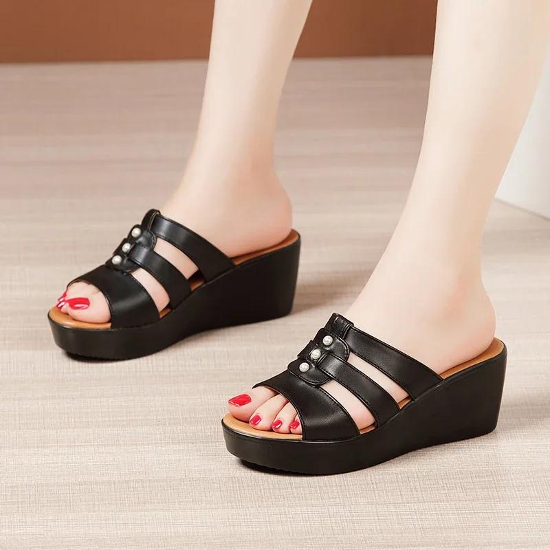 6cm Small Big Size 32-43 All Match Comfortable Thick Platform Wedges Slippers 2025 Med Heels Slides Leather Shoes Office Beach