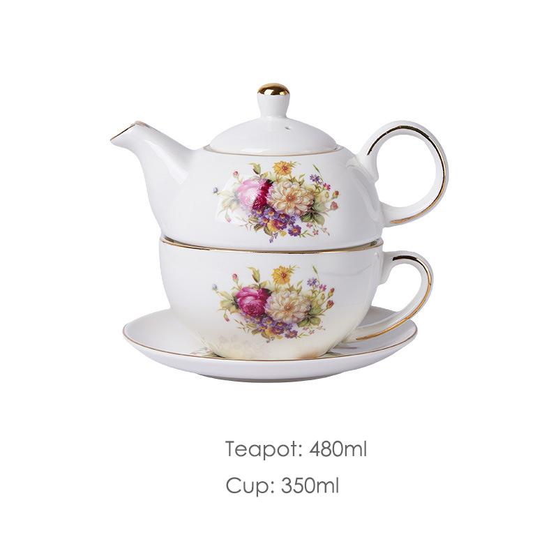 

480ml Ceramic Tea for One Set Floral Teapot Tea Cup Saucer Gold Plating Coffee Mug Flower Kettle Wedding Gift Three-piece Set
