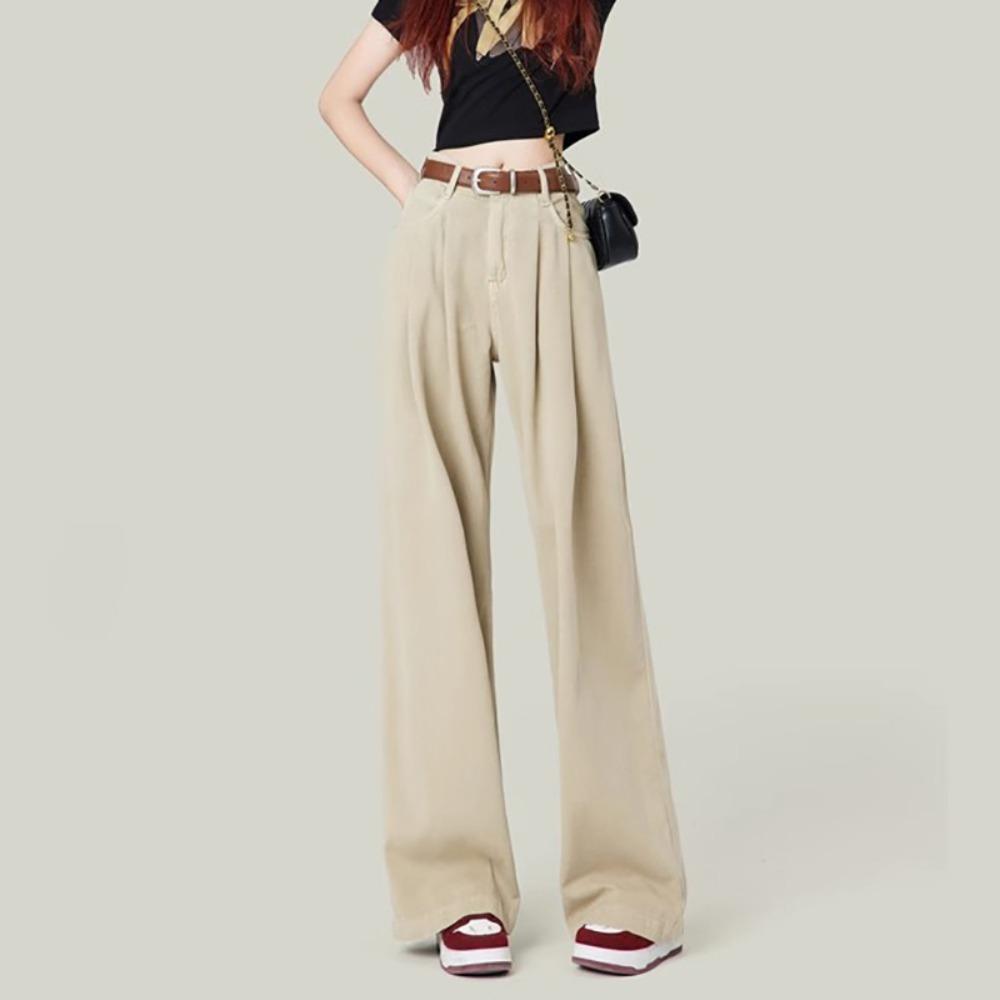 

Wide-leg jeans women s spring and autumn new pleated loose high-waisted versatile straight tube drape floor-mopping jeans 2XL хаки