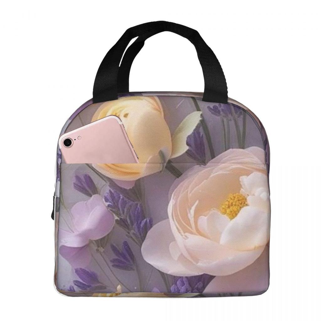 Light Purple Floral Pattern Insulated Lunch Bag for Women Children Leakproof Food Boxes Thermal Lunch Box Tote