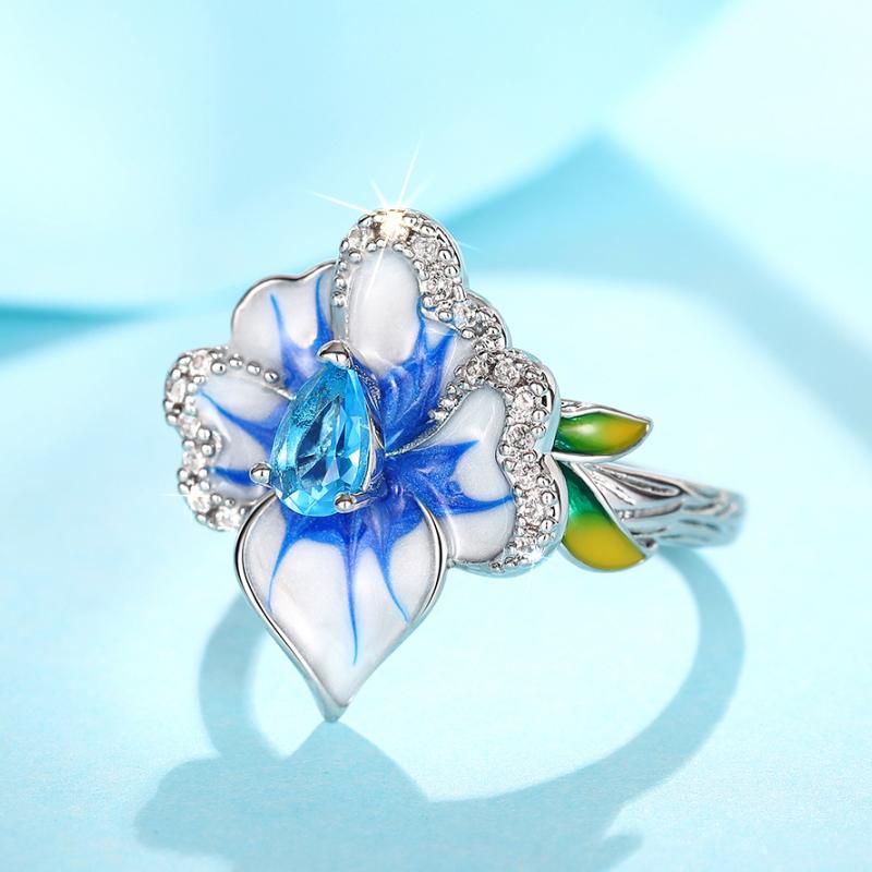 Huitan Unique Blue Flower Enamel Design Women Rings Pear Sky Blue CZ Aesthetic Female Rings Wedding Party Elegant Lady Jewelry