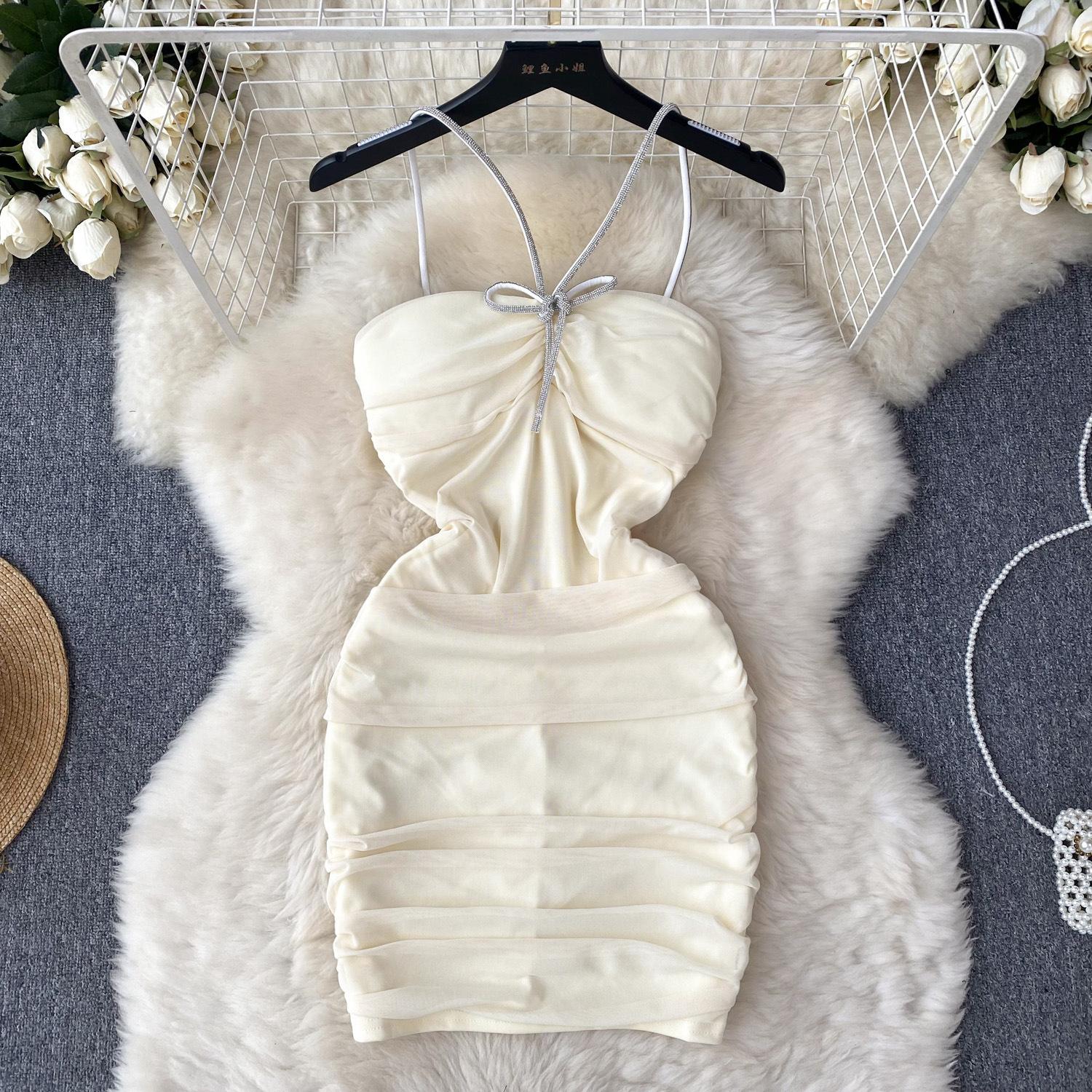 

Летнее женское платье Spice Girl, бюстье с подвесным воротником, платье с бретелькой на шее, плиссированное, плотное, сетчатая, короткая юбка на бедрах L бежевый