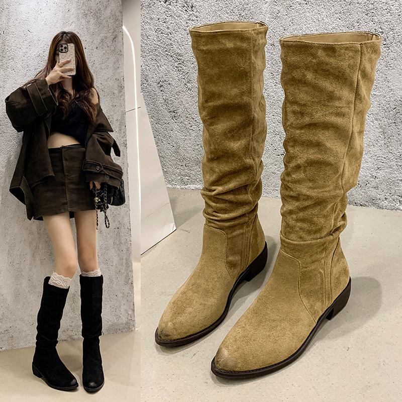 Fashion Women Knee High Boots Autumn Winter Female Shoes Fashion Female Slip-on Folds Low Heel Round Toe Flat Long Boots Botas De Mujer