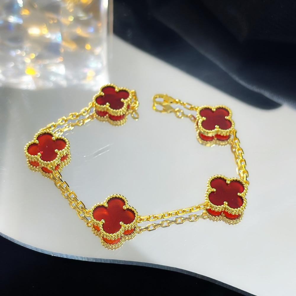 Bracelet Trèfle à Quatre Feuilles Version Haute Cinq Fleurs Calcédoine Violette Naturelle Gravé Laser CNC 18K Ne Se Décolore Pas Bracelet pour Dames