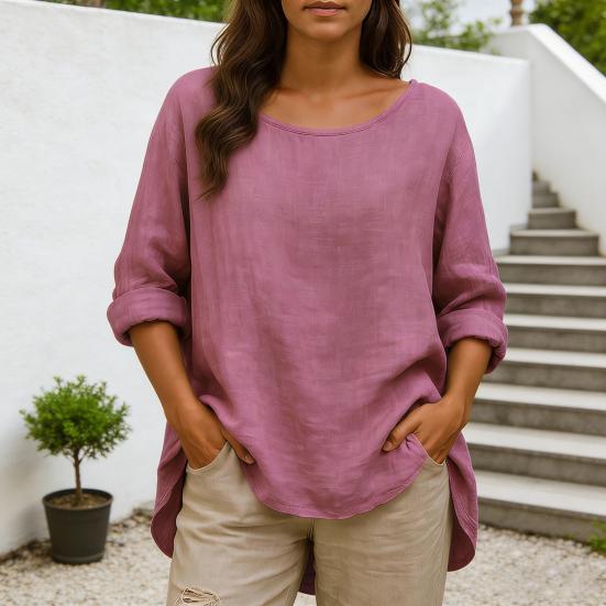 Women Tops Round Neck Long Sleeve Loose Fit Casual Blouse Breathable Soft