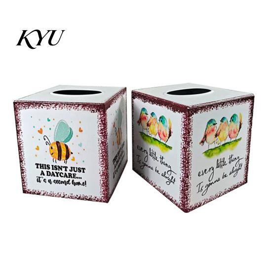 Soft Healing Style Home Decor Iron Art Square Tissue Box, Bee And Bird Watercolor Print Cute Animal Organizer Holder, Pastoral Decorative Napkin