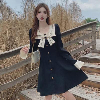 Hochtailliertes Langarm-Schlankheitskleid mit französischer Schleife - Koreanischer Stil für Übergrößen im Frühling und Herbst