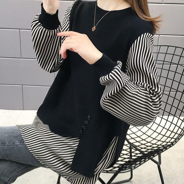 Blusa de dos piezas falsa de moda coreana para otoño e invierno, blusa informal de mujer con cuello redondo y manga larga con retazos