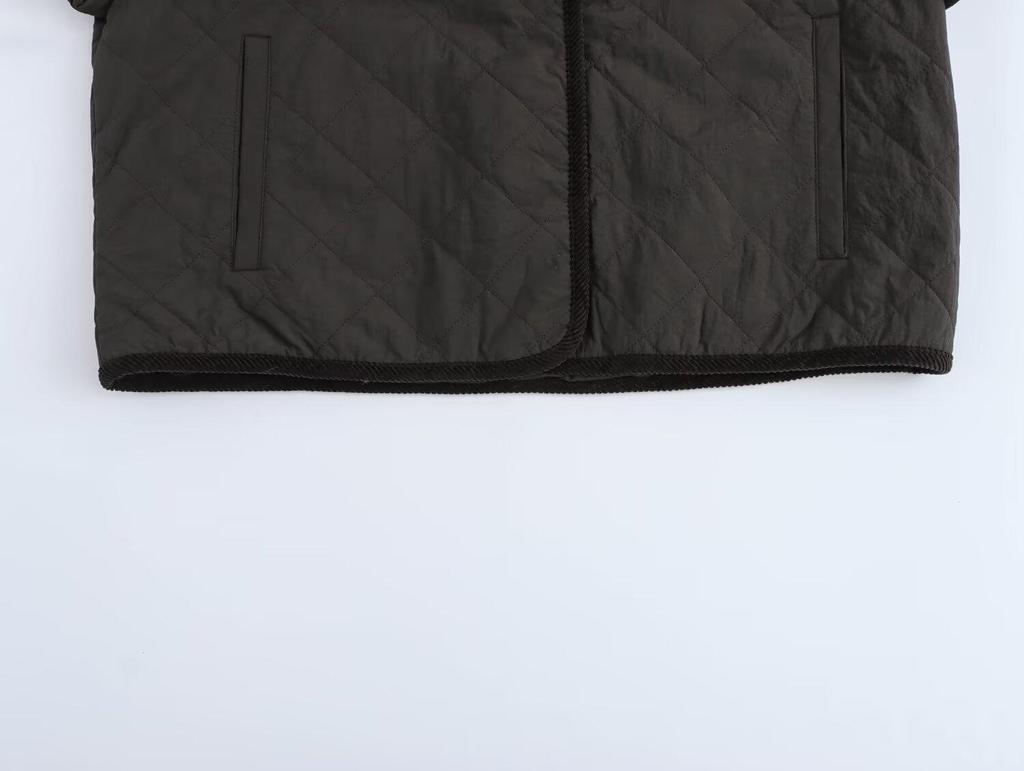 2024 Autumn Women's European & American Style High Neck Diamond Pattern Short Cotton Jacket