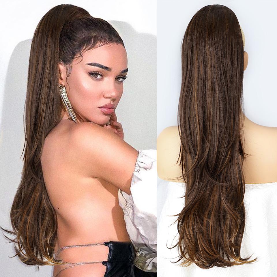 

I s A Wig Синтетичний довгий хвилястий кінський хвіст Ombre Platinum Drawstring Прямий кінський хвіст для жінок Термостійке волосся 26inches