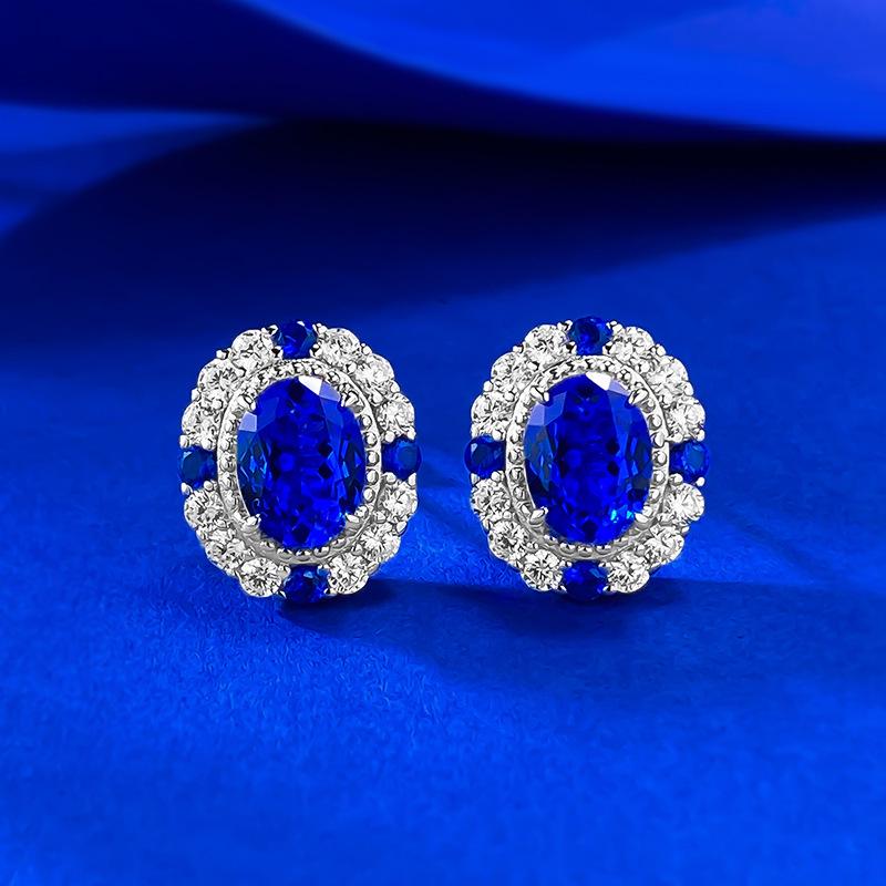 Xian Can Jewelry 2025 S925 Sterling Silver Blue Oval Stud Earrings - Elegant Light Luxury 6x8mm 925 Silver