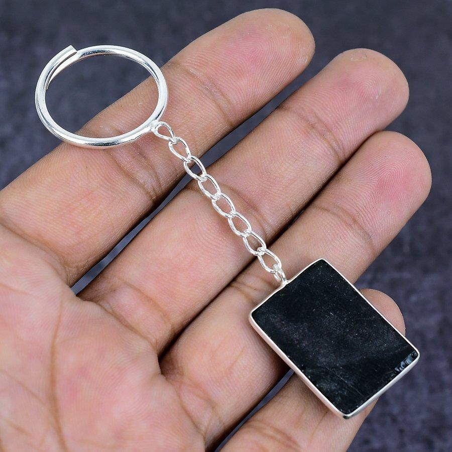 Natural Black Spinel Gemstone 925 Sterling Silver Jewelry Keychain 3.15" ETC-13829