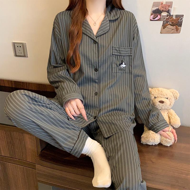 

Women s Korean Style Cute Cartoon Embroidery Pajamas, Striped Long Sleeve & Pants, Spring Fashion Set XL (115-130 jin)