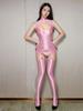 Sexy Women Satin Smooth Hollow Out Bodysuit Glossy Shiny Crotchless Tight See Through Leotard Garter With Stockings Pole Dance