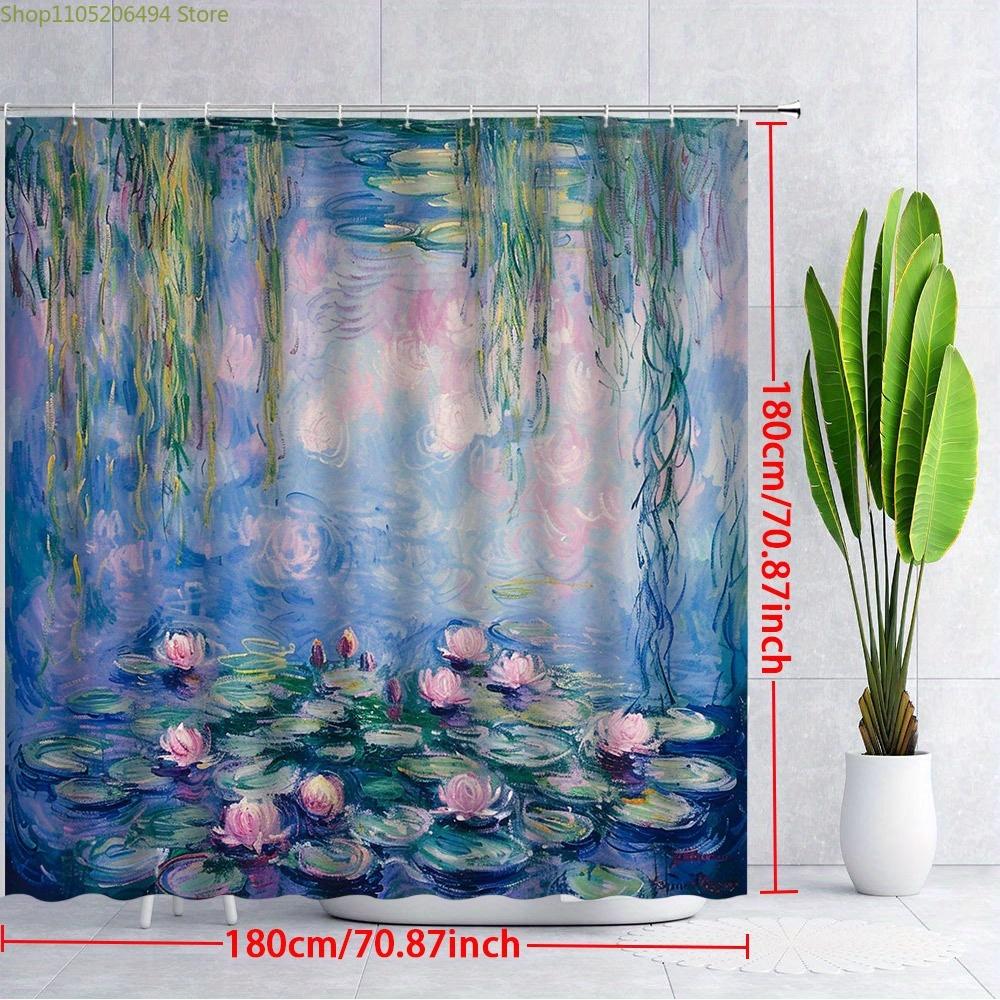 1pc Impressionist Water Lilies & Willow Branches Shower Curtain - Vibrant Pink Lilies on Tranquil Pond Design, Polyester Fabri