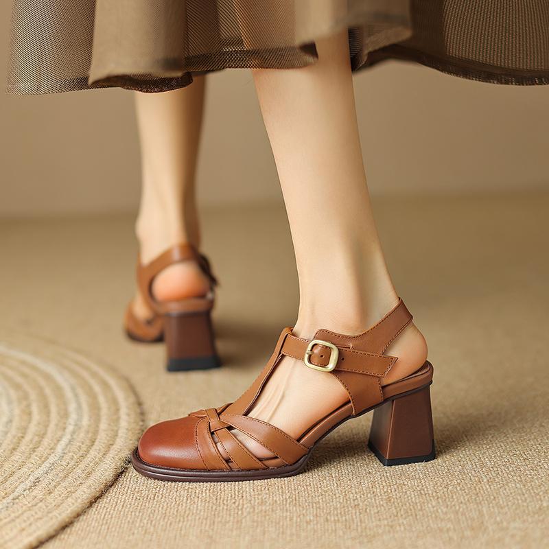 Modne Eleganckie Damskie Sandały na Obcasie z Zakrytymi Palcami Luksusowa Marka Skóra Naturalna Wysoki Obcas Blokowy Sandały Rzymskie Haftowane Czółenka Gladiator