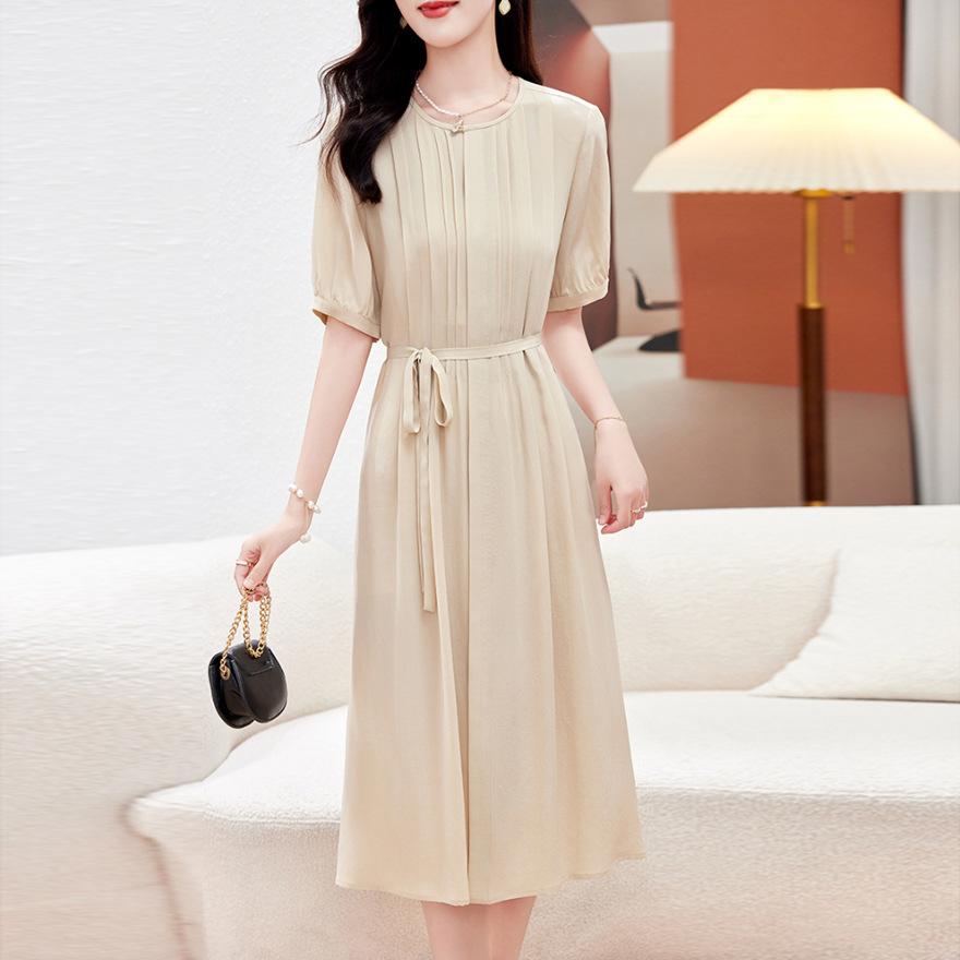 

Модное шелковое платье женское средней длины новое темпераментное платье с коротким рукавом юбка из тутового шелка 3XL шампанского