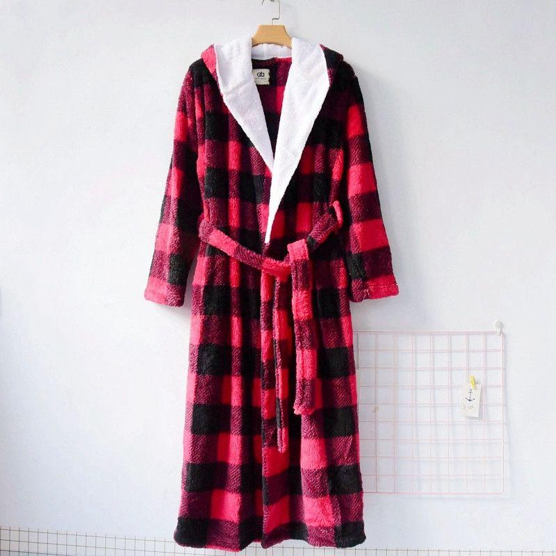 

Outer Order Thick Coral Fleece Men s Robes Bathrobe plus Size Extra Long Couple Women s Long Sleeve Hooded Winter Loungewear RED CHECK L