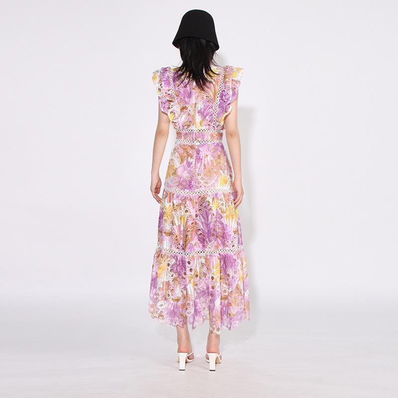 Eleganter französischer langer Rock: 2025 Frühling Stehkragen Spitze Ärmellos Besticktes Kleid für Damen