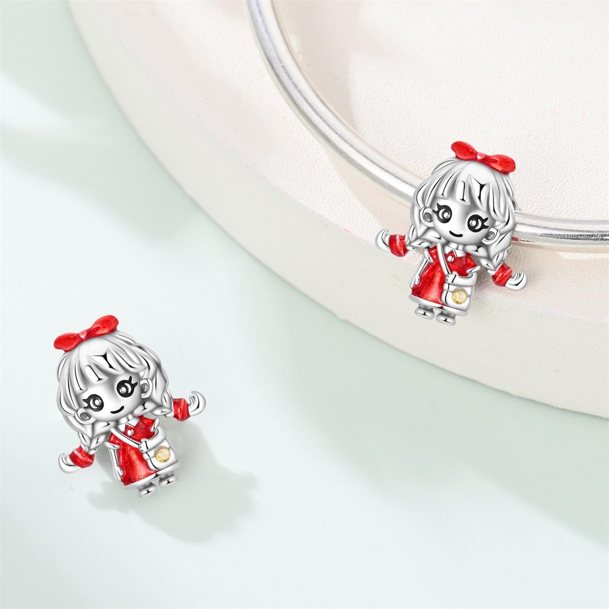 

Charm 925 Silver Cartoon Girl Red Dress Bow Tie Pendant Beads Fit Bracelet Jewelry Making Party Gift Diy Accessory
