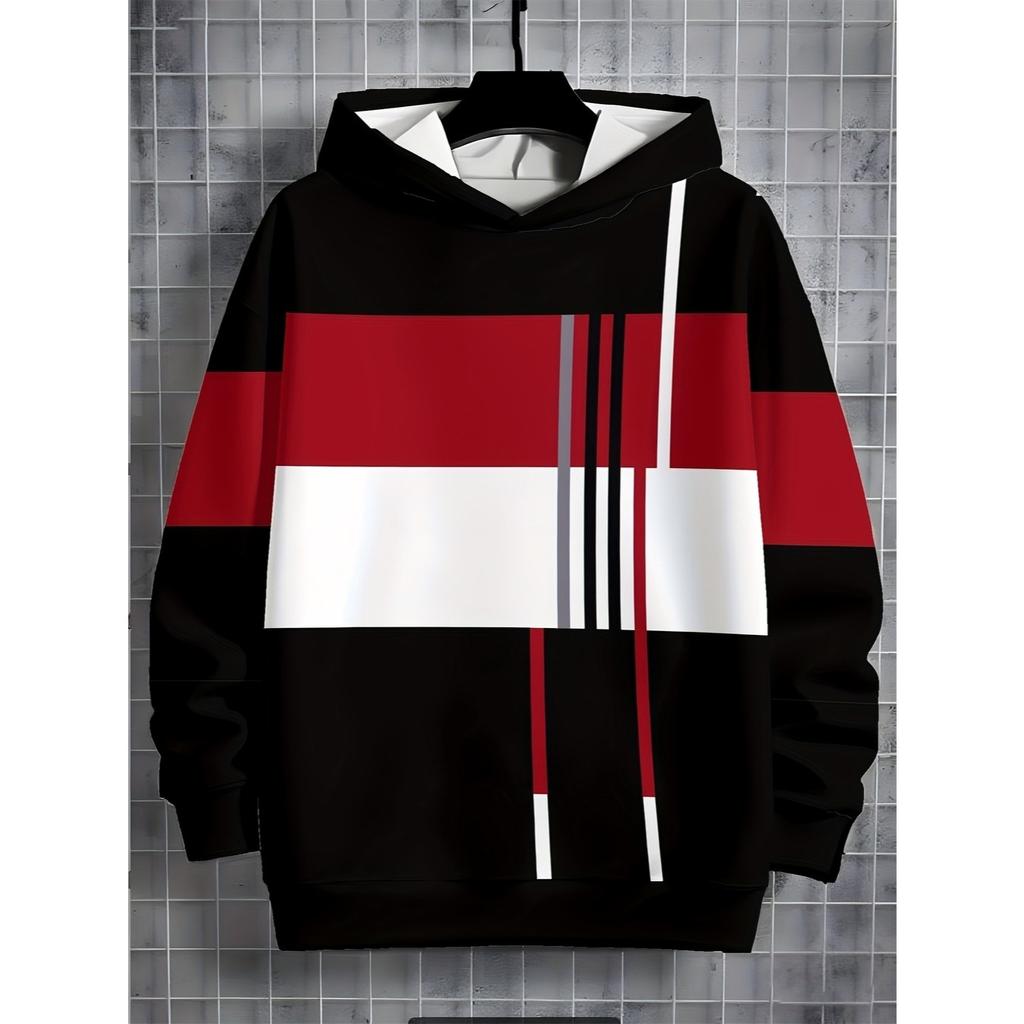Trendy cool red black and white contrasting digital printed hooded sweatshirt for streetwear men