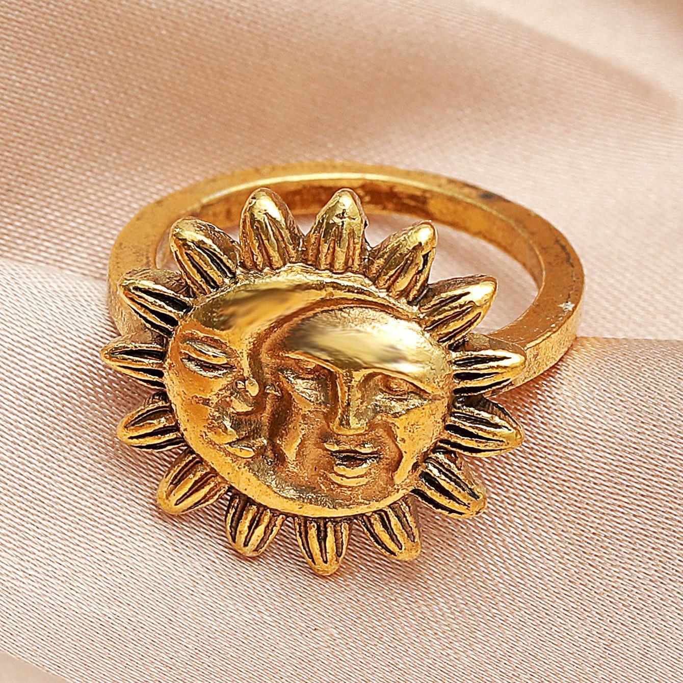 Vintage Sun And Moon Open Ring For Women Retro Personality Stacked Design Zircon Fashion Jewelry