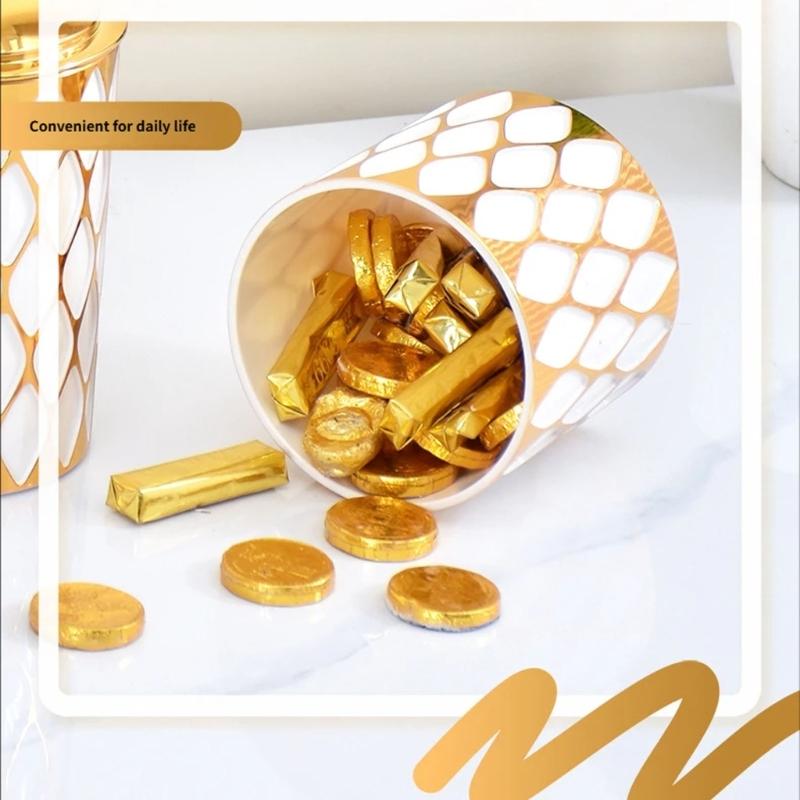 Set Of 3 Decorative Golden Trimmed Storage Tins Plastic Food Canisters With Gold Trim Sealed Jar For Home Office Use