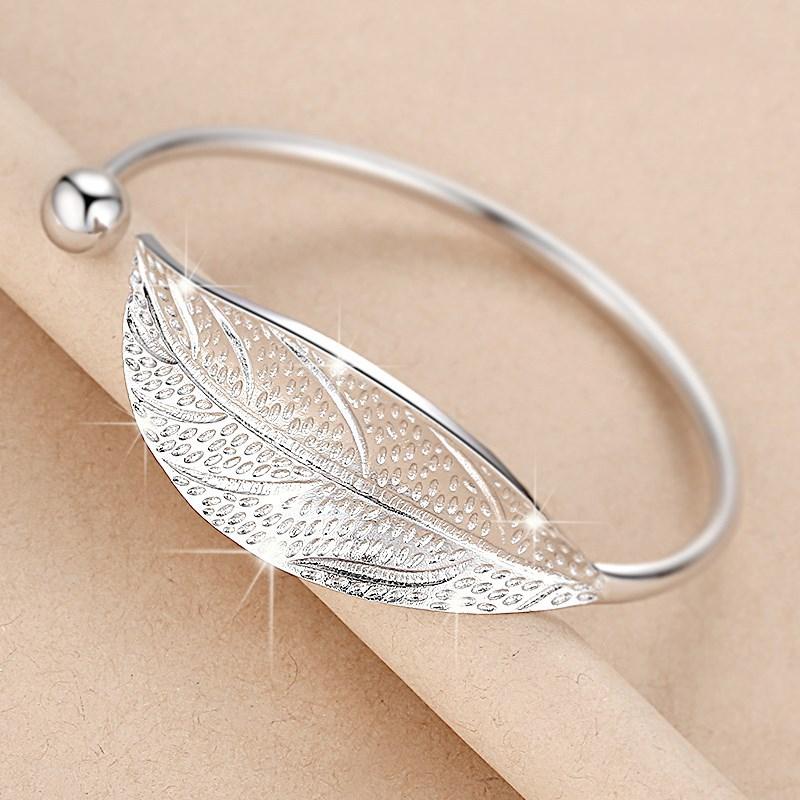 

Fashion 925 Silver Woman Cuff Bracelet Open Leaf Shaped Adjustable Charm Bangle Bracelets Luxury Party Jewelry Gifts