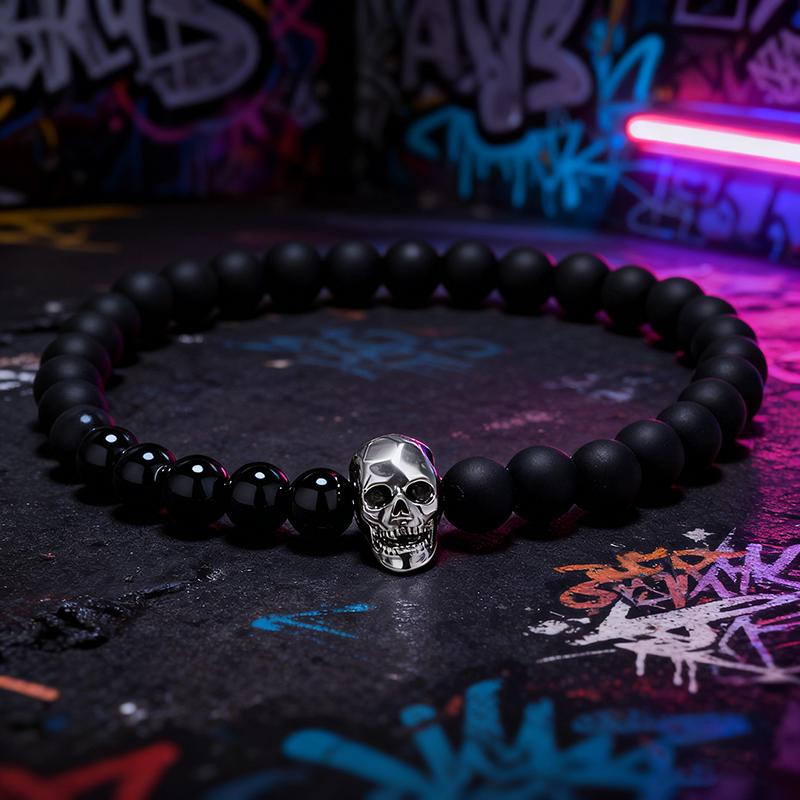 New Fashion Mens Bracelet Natural Stone Gothic Skull Braslet 6mm Onyx Strand Braclet Gifts For Him Zirconia Brazalete Pulseria