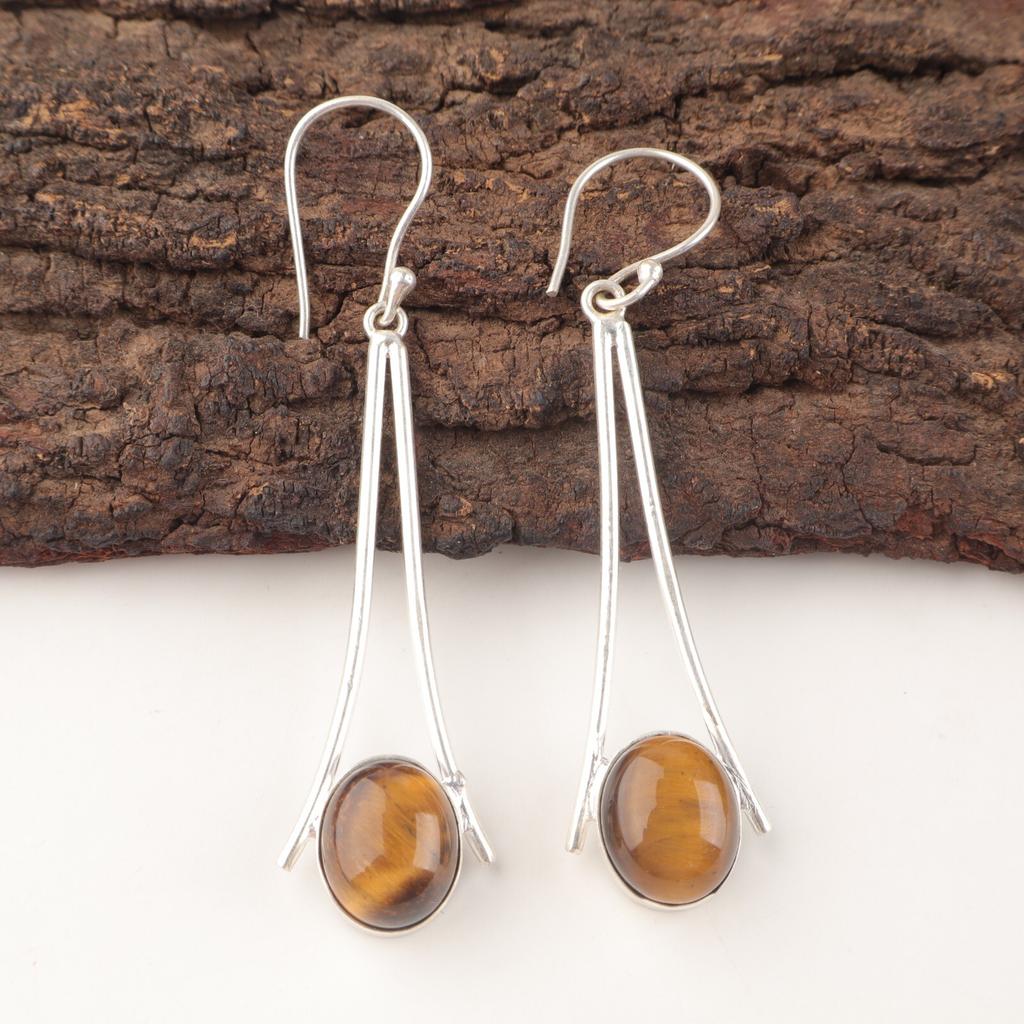 Yellow Star Tiger Eye Stone Sterling Silver Dangle Sisters Gift Earrings Jewelry EE-136-31